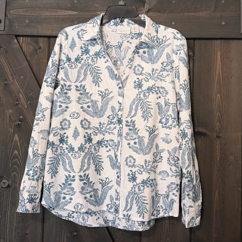 Calypso St. Barth White Button-Down Shirt with Blue Floral Print